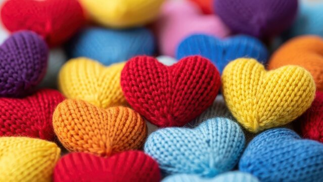 Collection of colorful knitted hearts