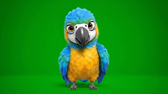 Adorable animated parrot chick standing front on a greenscreen background, perfectly rendered for digital compositing in any vibrant video project or creative media