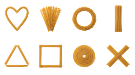 Raw spaghetti pasta set including heart, fan, circle, rectangle, triangle, square, spiral, and cross shapes. Creative italian food and culinary design collection.