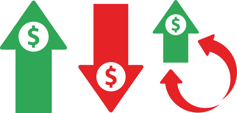 Financial increase and decrease arrow icons showing profit loss money flow and investment trends