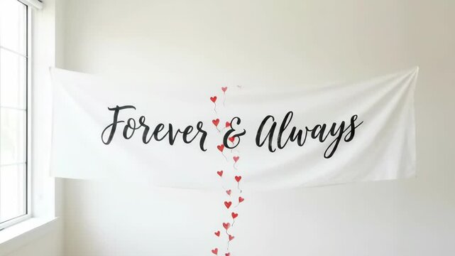 White banner with Forever and Always phrase and red hearts hanging on wall near window animation