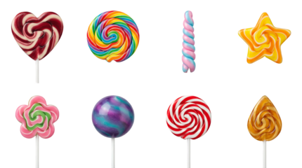 Gourmet lollipop set including heart, spiral, star, flower, sphere, and twist shapes isolated. Sweet candy and confectionery collection for dessert branding.
