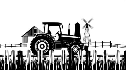 Classic farm scene in black silhouette, featuring a detailed tractor illustration with bold lines and minimal shading, set against a backdrop of a rustic wooden fence in the foreground, with a traditi