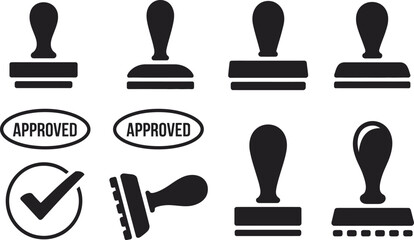 Set of professional black rubber stamp icons with approved text in oval frames and check mark symbols isolated on white background