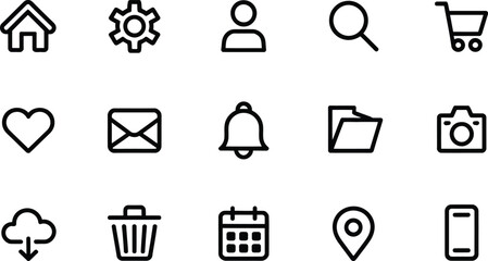 A collection of sleek linear icons depicting common website and application functions including home settings user search and cart on transparent background high-quality professional detailed   © ALEX BIN