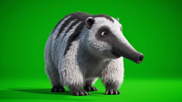 Cute cartoon aardvark with distinctive snout and stripes in a studio on a greenscreen background, rendered in 3D animation