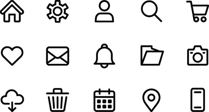 A collection of sleek linear icons depicting common website and application functions including home settings user search and cart on transparent background high-quality professional detailed

