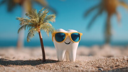 Obraz premium Tooth wearing sunglasses relaxing under palm tree on a sunny beach