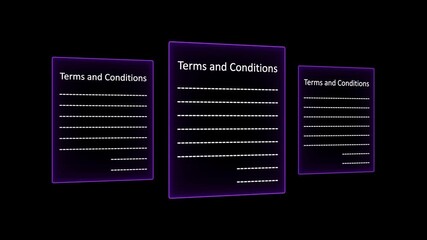 Neon glow digital sign terms and conditions 3d paper concept. Neon purple 3d paper with holographic icons representing legal documents, contracts, and e-signatures. 4k video - Powered by Adobe