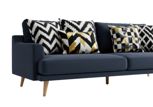 Deep navy blue linen sofa with light oak legs and geometric black, white, and gold abstract pillows, isolated on a transparent background for high-end catalog imagery - Powered by Adobe