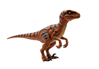 Highly detailed realistic miniature plastic raptor figure with burnt orange scales and black stripes, displayed statically on a bright white studio background, commercial research concept