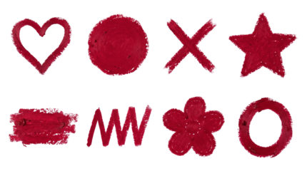 Red lipstick swatch set including heart, star, flower, cross, circle, and scribble shapes isolated. Beauty cosmetics and creative design elements.