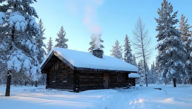 Cozy Log Cabin in Snowy Forest with Smoke Rising from Chimney.