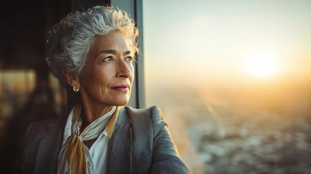 **Contemplative Serenity: An elder executive gazes pensively out of a vast window, absorbing the city sunset, revealing a portrait of thoughtfulness and experience.**