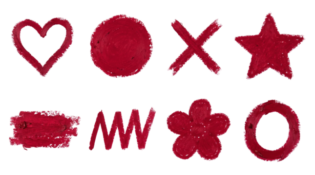 Red lipstick swatch set including heart, star, flower, cross, circle, and scribble shapes isolated. Beauty cosmetics and creative design elements. - Powered by Adobe