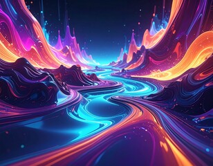 Vibrant neon landscape with swirling colorful liquid