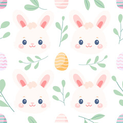 Seamless pattern with rabbit face and egg on transparent background vector illustration. Happy Easter day.