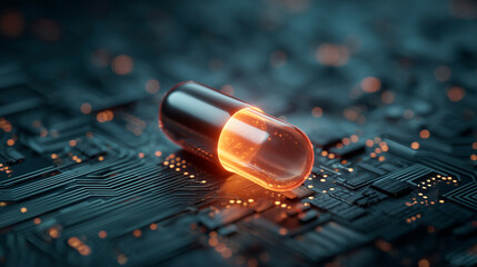 Abstract digital graphic shows glowing capsule on circuit board. Futuristic pharma tech concept with dna strands and data graphs. Innovation in medicine