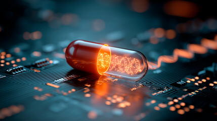 Abstract digital graphic shows glowing capsule on circuit board. Futuristic pharma tech concept with dna strands and data graphs. Innovation in medicine