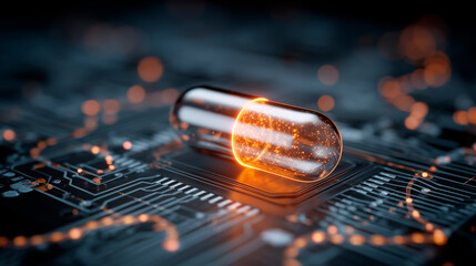 Abstract digital graphic shows glowing capsule on circuit board. Futuristic pharma tech concept with dna strands and data graphs. Innovation in medicine