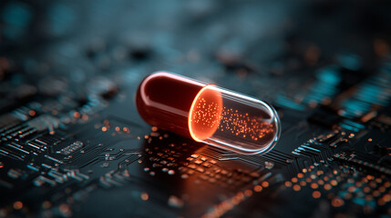 Abstract digital graphic shows glowing capsule on circuit board. Futuristic pharma tech concept with dna strands and data graphs. Innovation in medicine