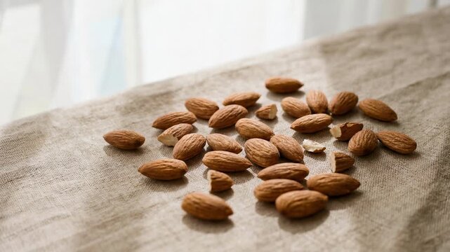 Raw organic almonds scattered on a neutral textured surface under natural soft daylight healthy snack ingredient concept close up 4k video footage