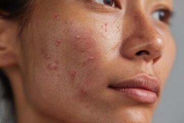 Diverse face with acne blemishes captured under soft natural light for skincare education