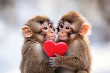 Couple monkey, holds red heart Happy valentine's day, concept