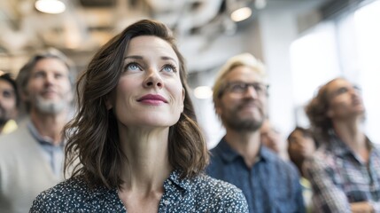 Diverse group thinking: woman and man look upward with curious expressions in a bright modern space