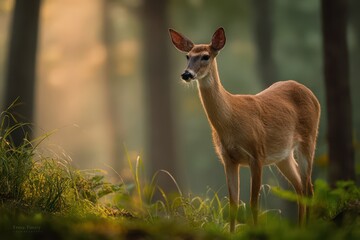 Doe in a sunlit forest clearing, a serene wildlife moment