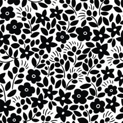 Vector black and white floral pattern in hand drawn style. Flower seamless print design for fabrics, wallpaper or wrapping paper. Botanical monochrome repeat background for home 