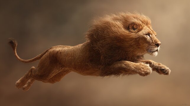 Dramatic digital painting of a leaping lion with intense gaze and motion