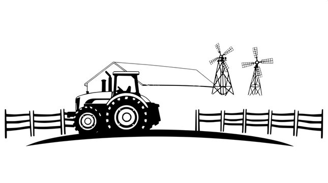 Simple farm logo illustration featuring a prominent tractor in the foreground with a rustic fence line curving behind it, a traditional barn and grain elevator in the mid-ground, and a classic windmil