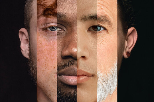 Split face portrait representing multicultural diversity themes. Concept of inclusive society, shared humanity, equality principles, visual balance between different identities and backgrounds.