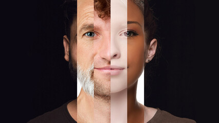 Split face portrait showing gender and cultural diversity. Concept of inclusion, equal representation, visual balance between personal identity and collective humanity.