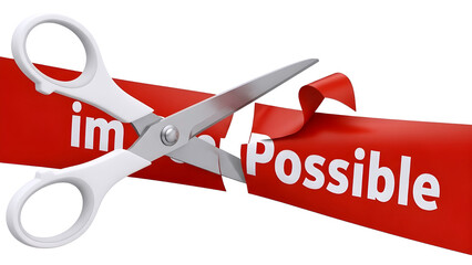 Scissors cutting ribbon impossibly possible isolated on transparent background