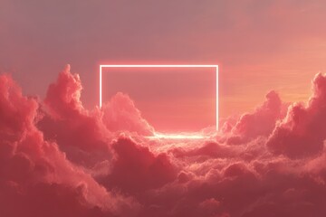 Dreamy cloudscape with a glowing white rectangular frame against a crimson neon sky, minimal luxury illustration with generous copy space