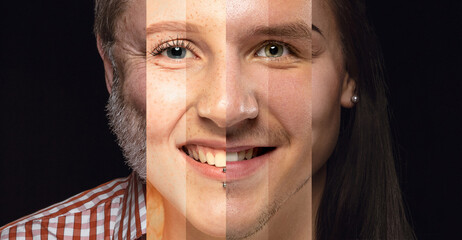 Studio portrait collage blending diverse human facial features. Concept of diversity awareness,...