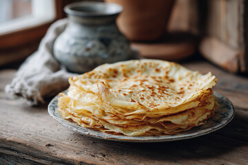 Thin French crpes stacked on a ceramic plate ready for serving during a festive meal in a cozy kitchen setting