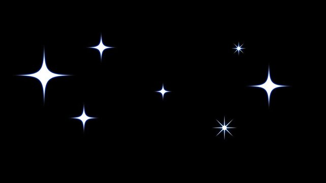 Glittering twinkling stars animation with white cartoon doodle flat vector style, blinking glowing festive shine effects on transparent black screen background, smooth looping 4K