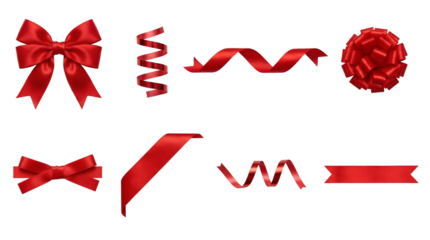 Red silk ribbon set including various bows, curls, swirls, and straight banners isolated. Gift wrapping and festive holiday decorative elements collection.