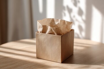 Eco friendly kraft box packaging mockup with open lid and blank interior