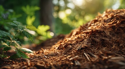 Eco-friendly wood debris breaking down in soil with natural light and rich textures