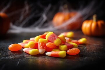 Eerie Halloween Candy Arrangement: Bright Orange Treats in a Dark Studio