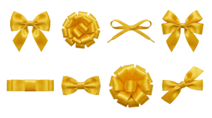 Yellow satin ribbon bow set including classic, pompom, shoelace, and tuxedo styles isolated. Decorative gift wrap and celebration collection.