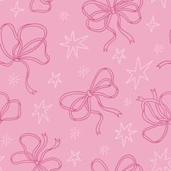 Vector line bows seamless pattern, gift bows collection.  Wedding celebration print, holiday, christmas party decoration, present concept. Vector hand drawing Bow knots on pink 