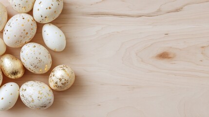 Elegant border of speckled eggs on warm wooden surface designed for marketing copy space