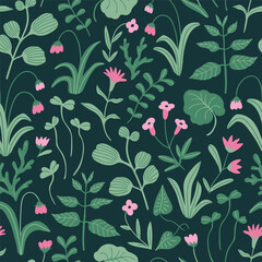 Spring night vector floral seamless pattern. Delicate stylized flowers on dark green background. Pretty botanical fabric or wrapping paper design.