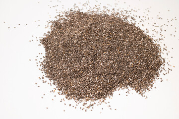 Chia seeds scattered on white background. Organic, healthy chia seeds, rich in omega-3, protein, and vitamins. Superfood, healthy eating concept, food background with space for text