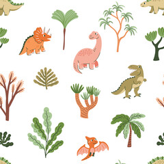 Vector dinosaurs seamless pattern. Jurassic plants and animals on white background. Cartoon cute dino seamless print design for fabric or wallpaper.